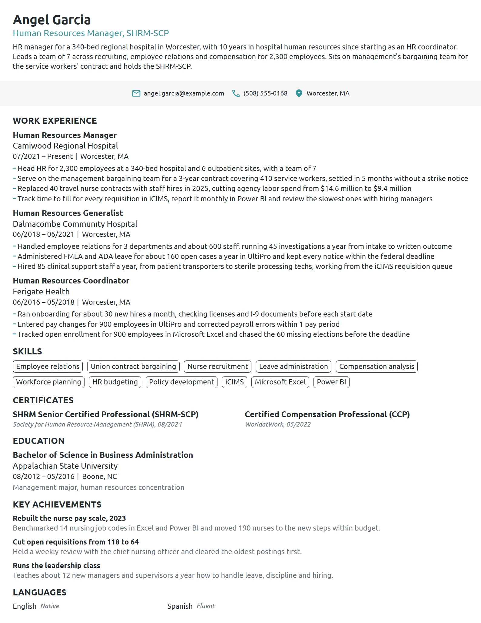 Healthcare HR Manager resume example