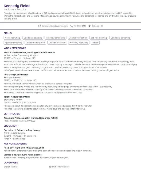 Healthcare Recruiter resume example