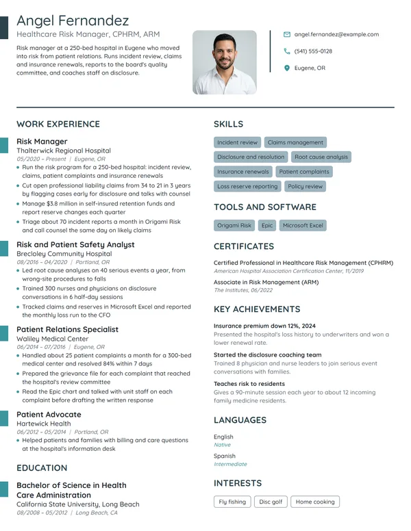 Healthcare Risk Manager resume example