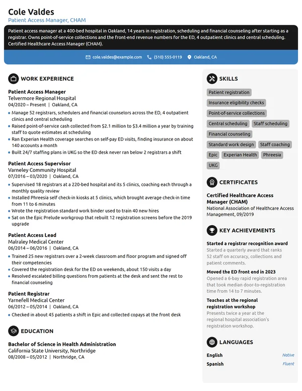 Patient Access Manager resume example