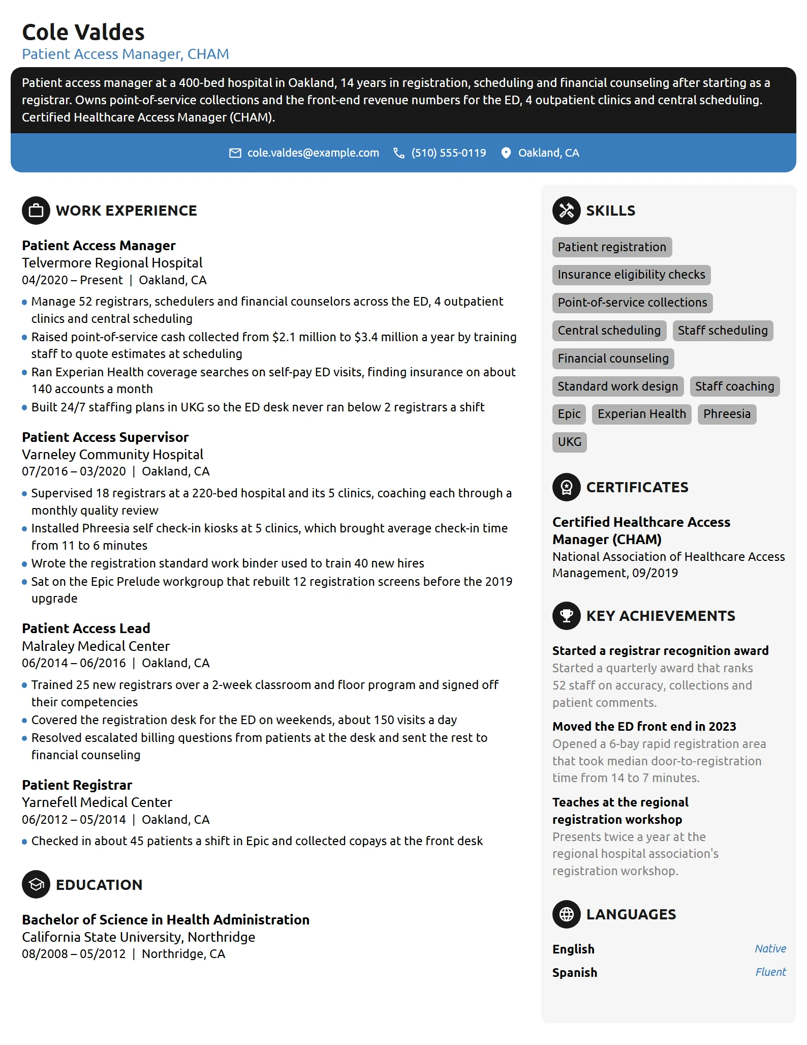 Patient Access Manager resume example