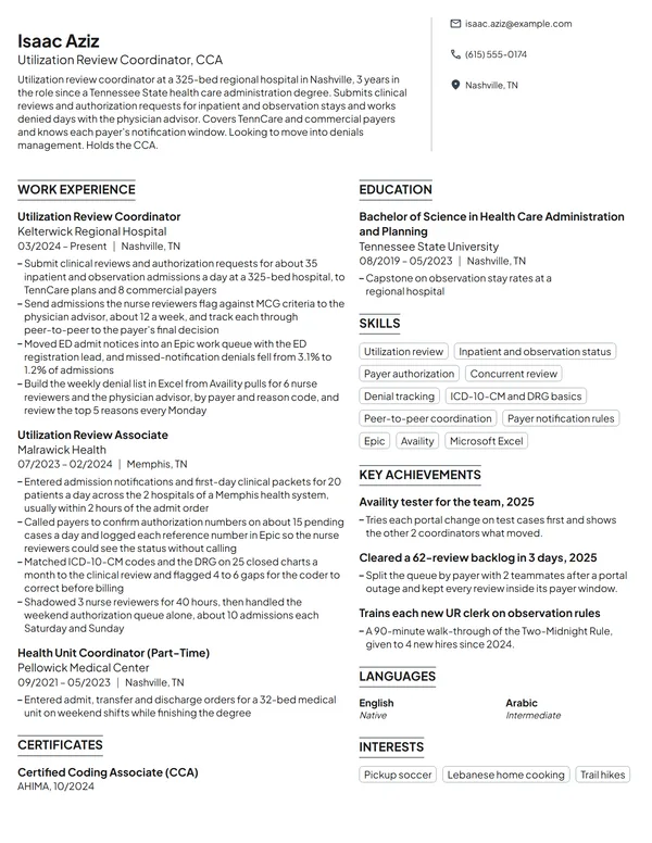 Utilization Review Coordinator resume example