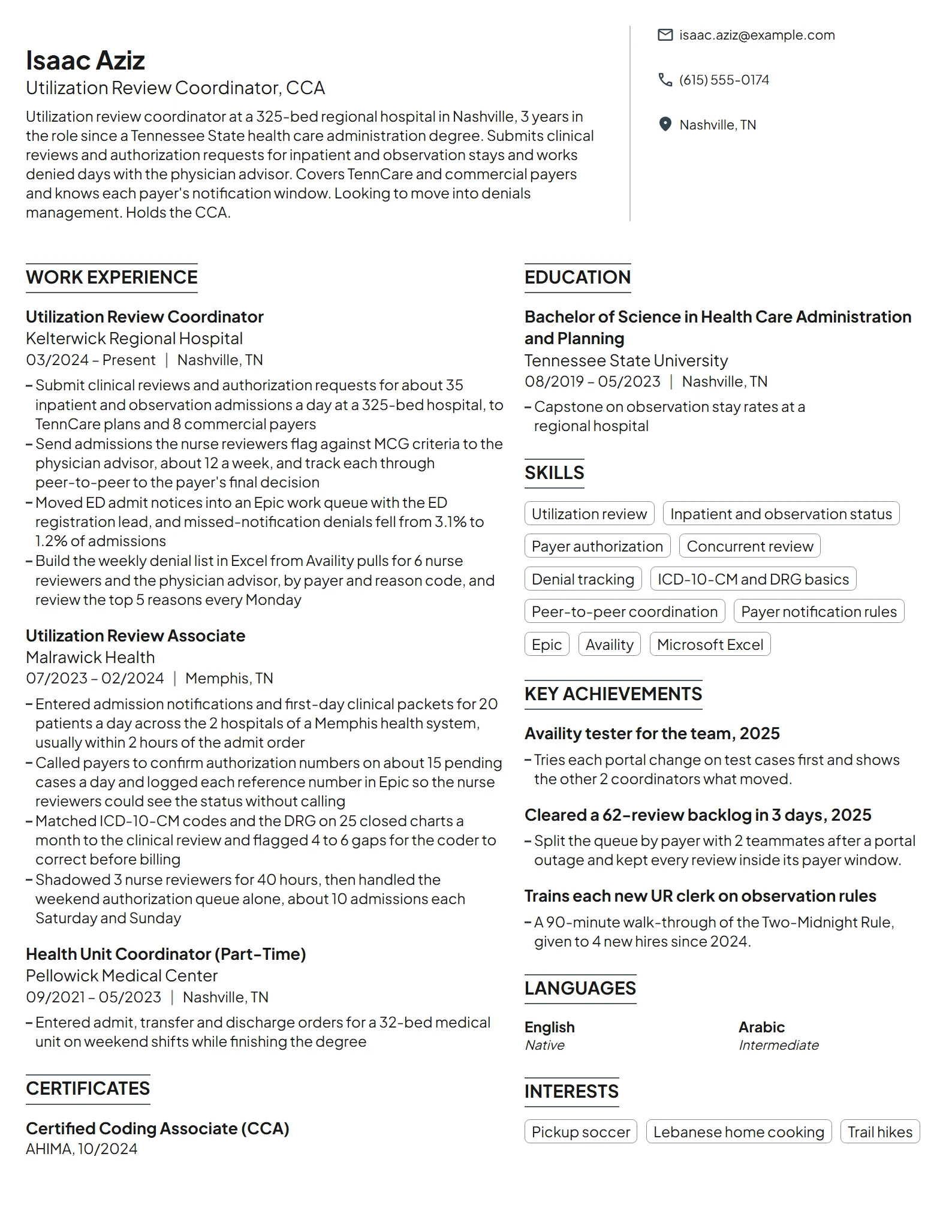 Utilization Review Coordinator resume example