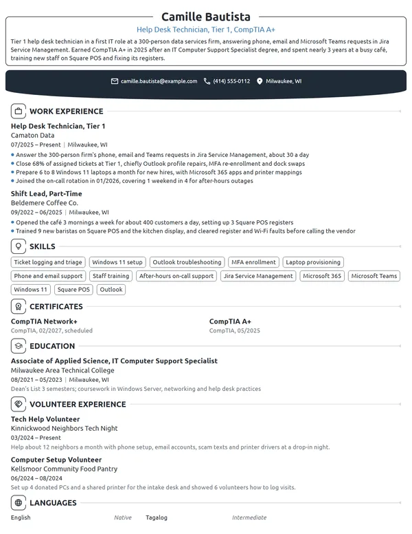 Entry-Level Help Desk Technician resume example