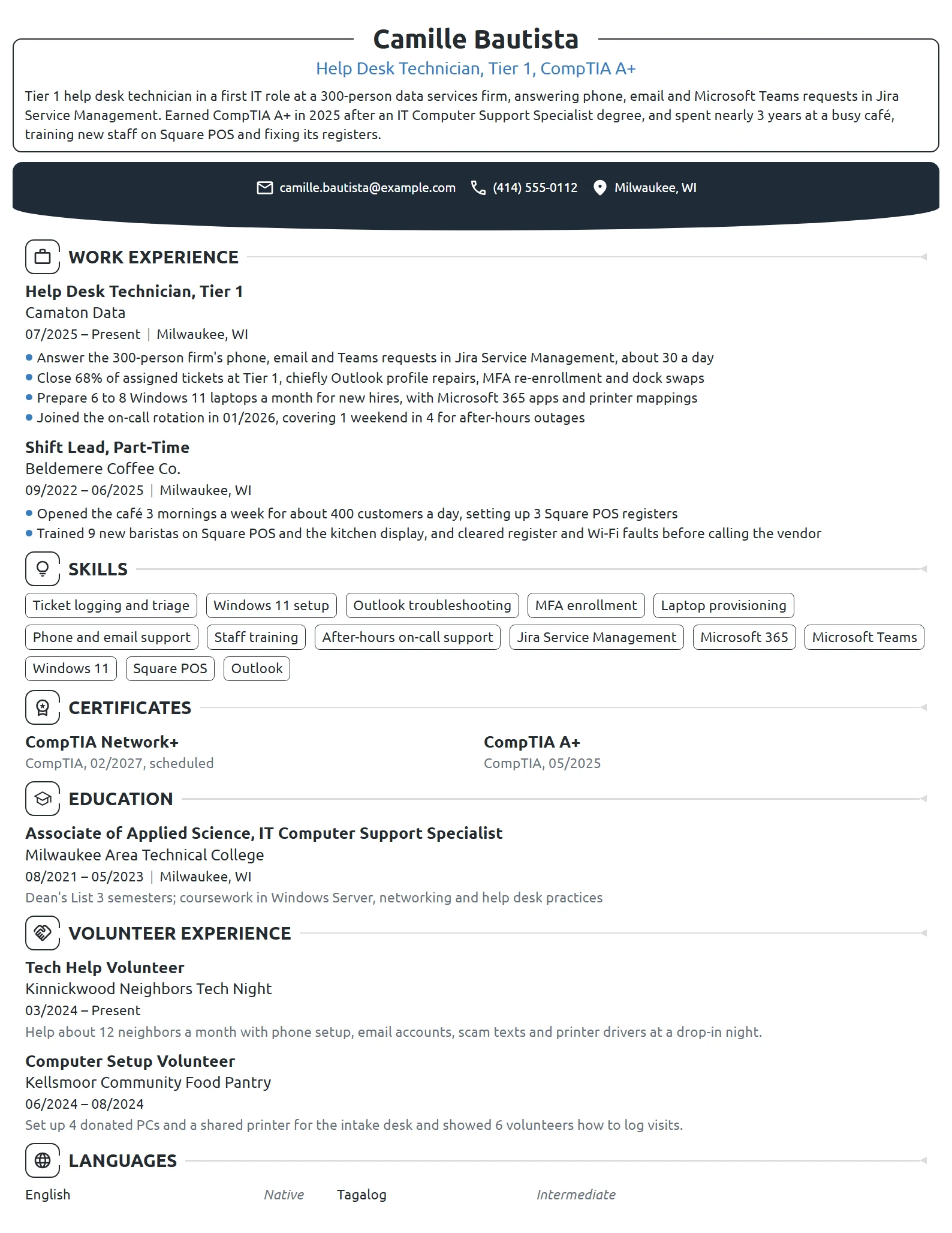 Entry-Level Help Desk Technician resume example