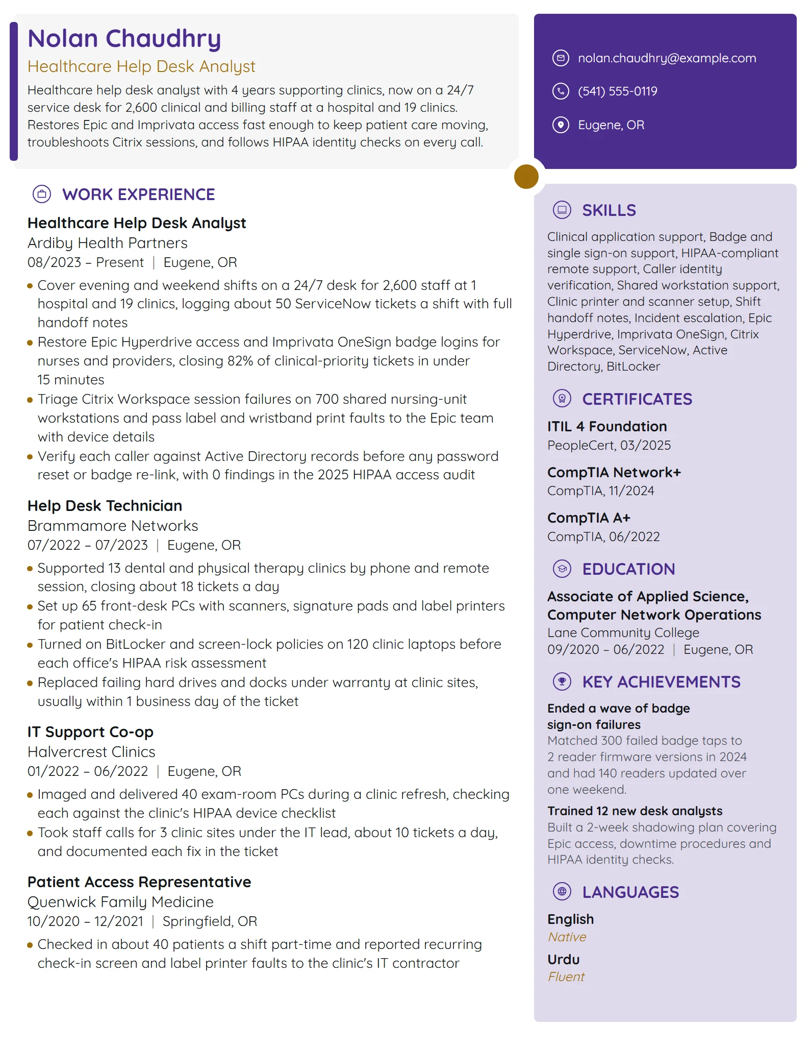 Healthcare Help Desk Analyst resume example