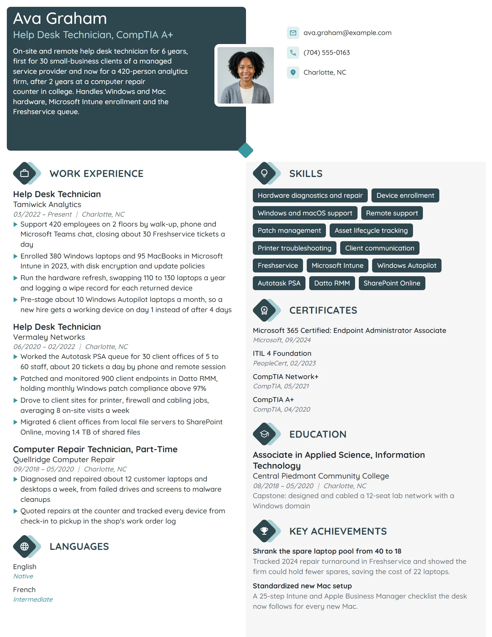 Help Desk Technician resume example