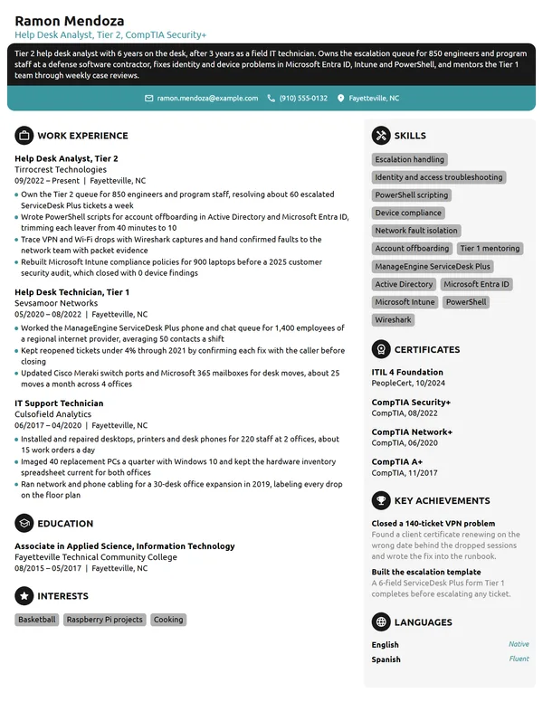 Tier 2 Help Desk Analyst resume example
