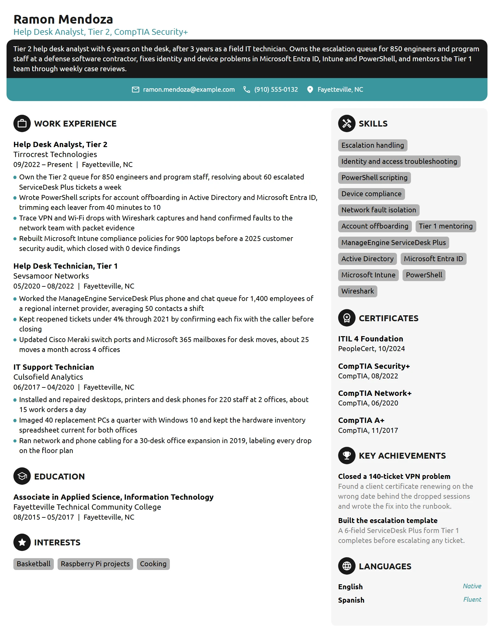 Tier 2 Help Desk Analyst resume example