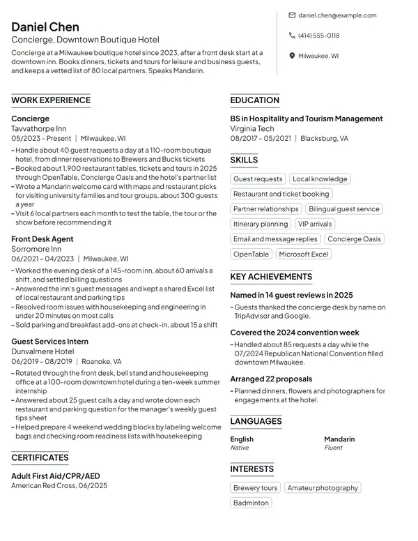 Concierge resume example