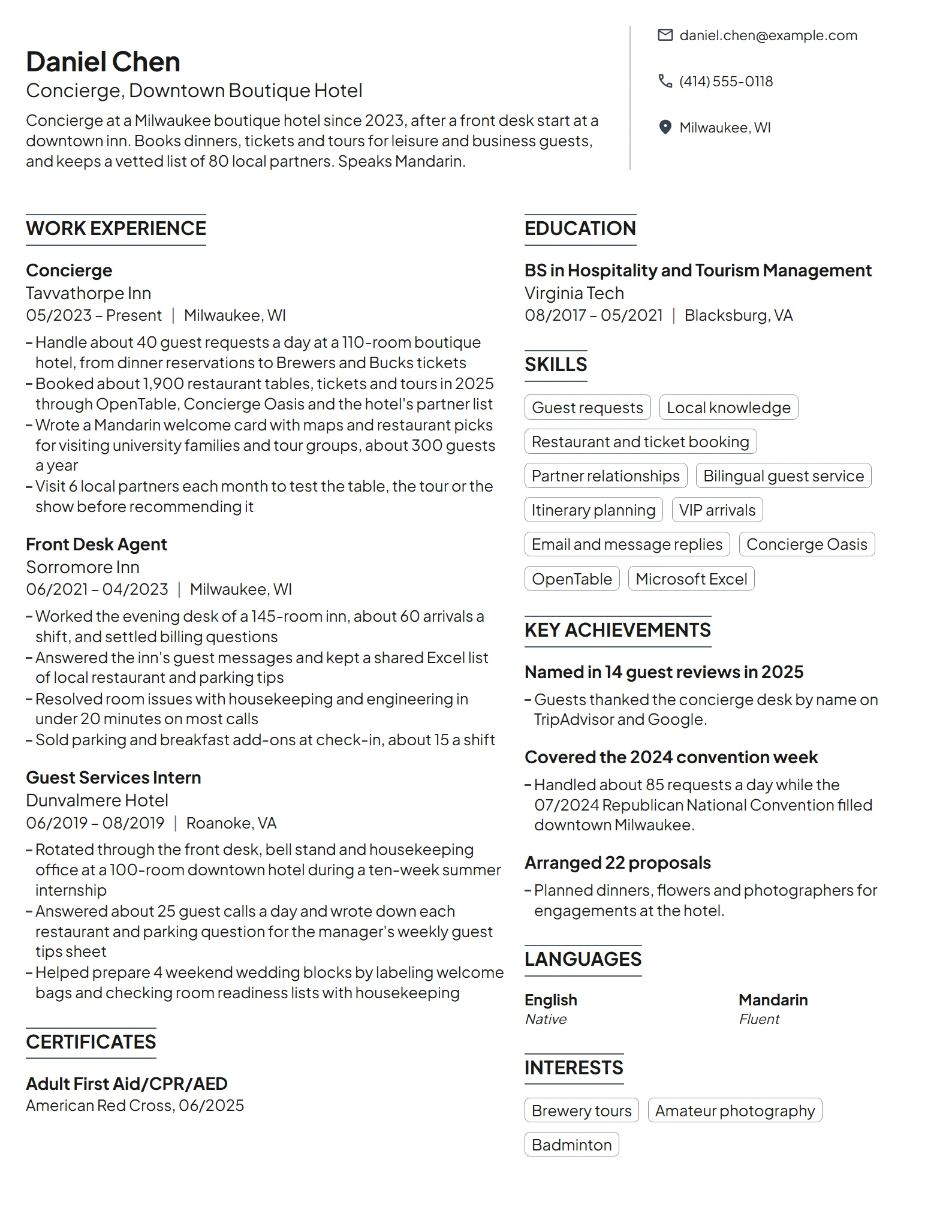 Concierge resume example