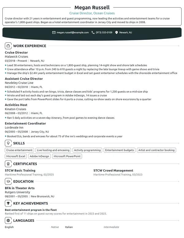 Cruise Director resume example