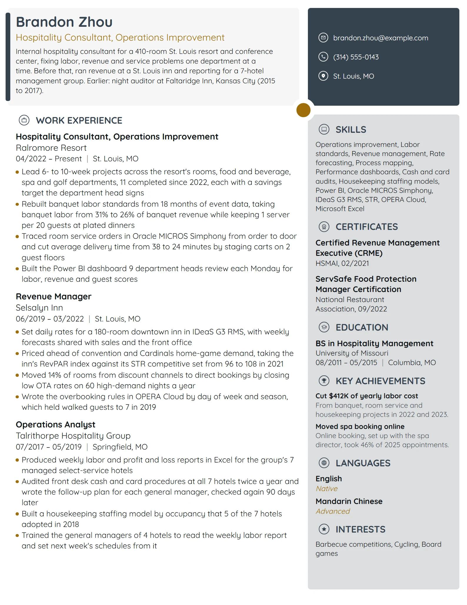 Hospitality Consultant resume example
