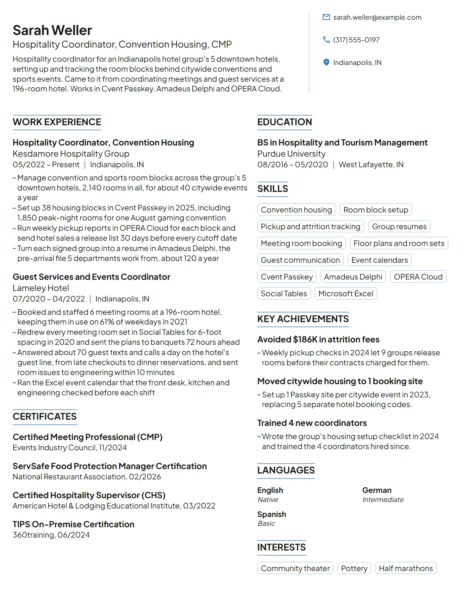 Hospitality Coordinator resume example