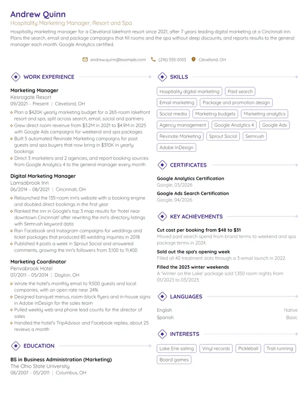 Hospitality Marketing Manager resume example