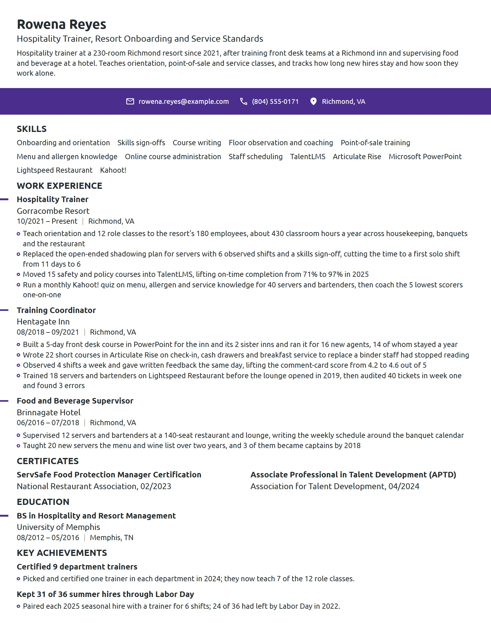 Hospitality Trainer resume example