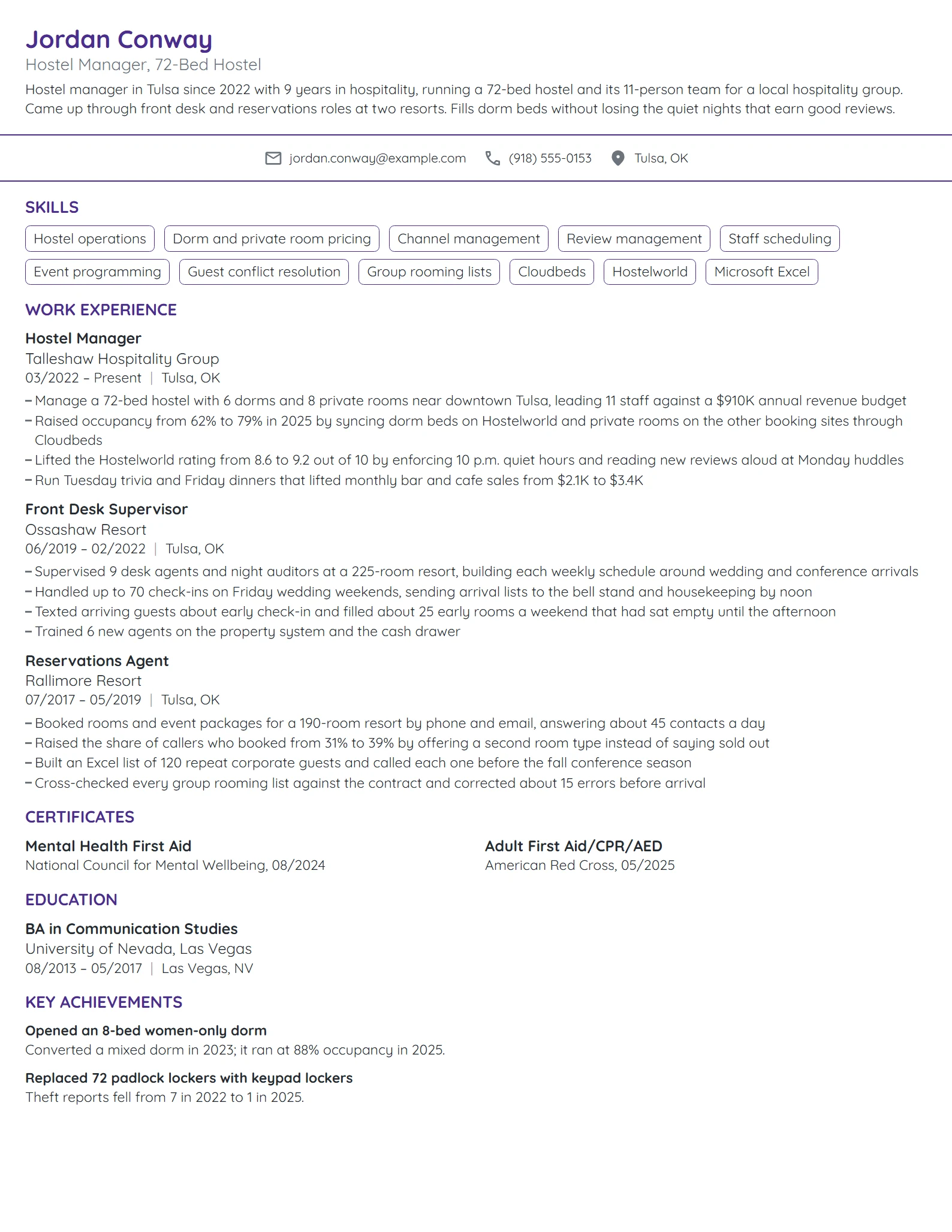 Hostel Manager resume example