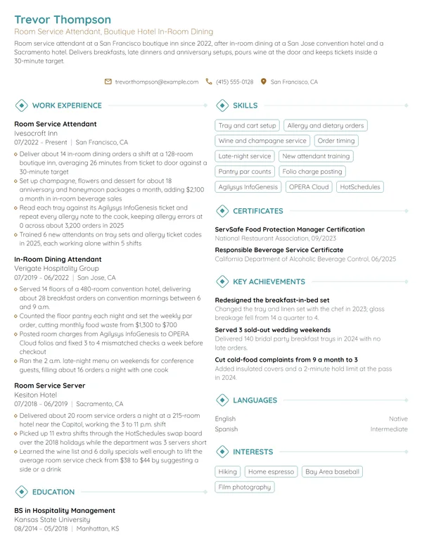 Room Service Attendant resume example