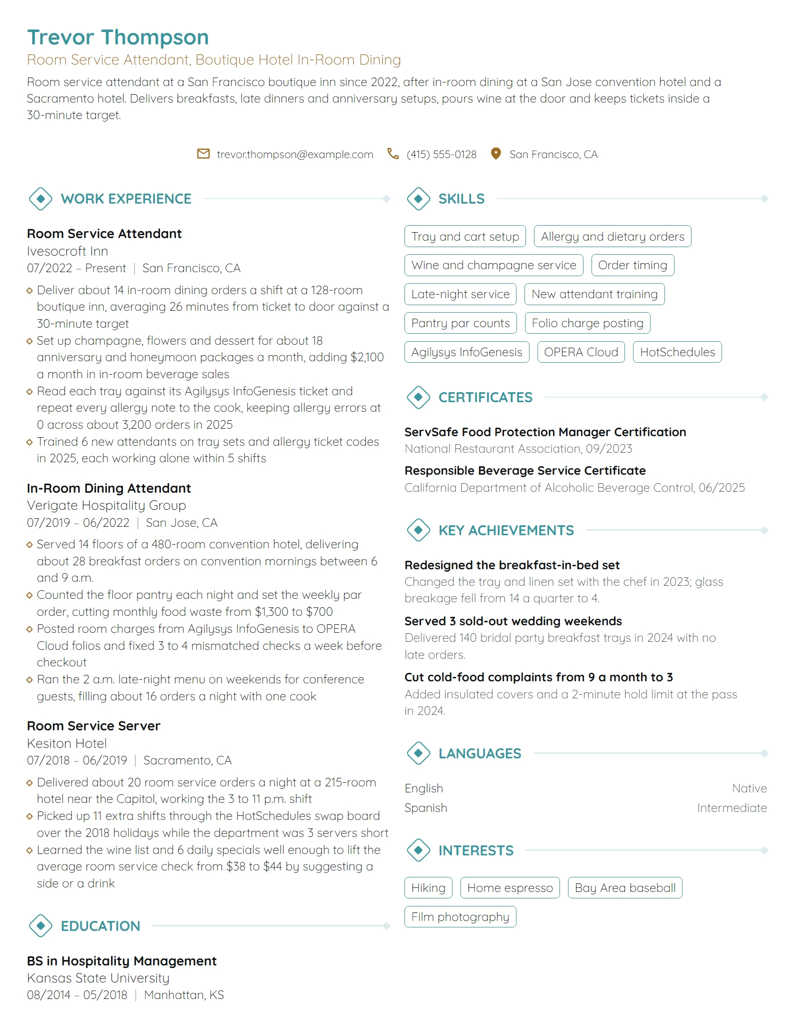 Room Service Attendant resume example