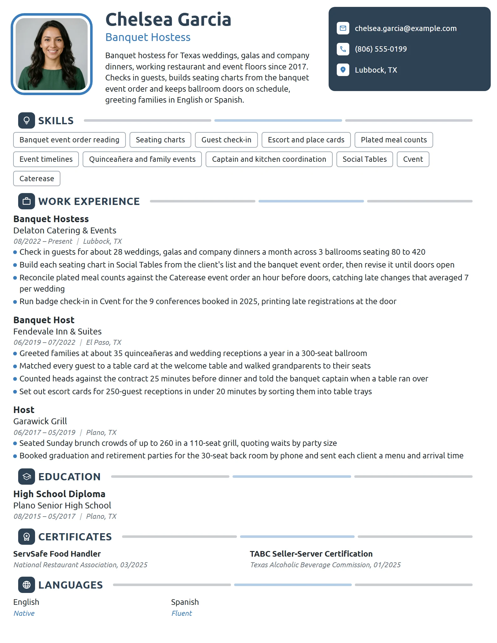 Banquet Hostess resume example