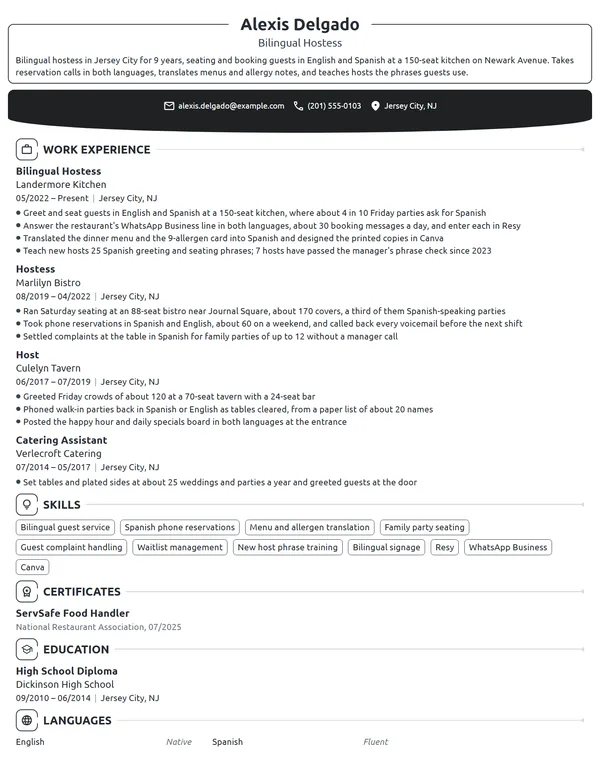 Bilingual Hostess resume example