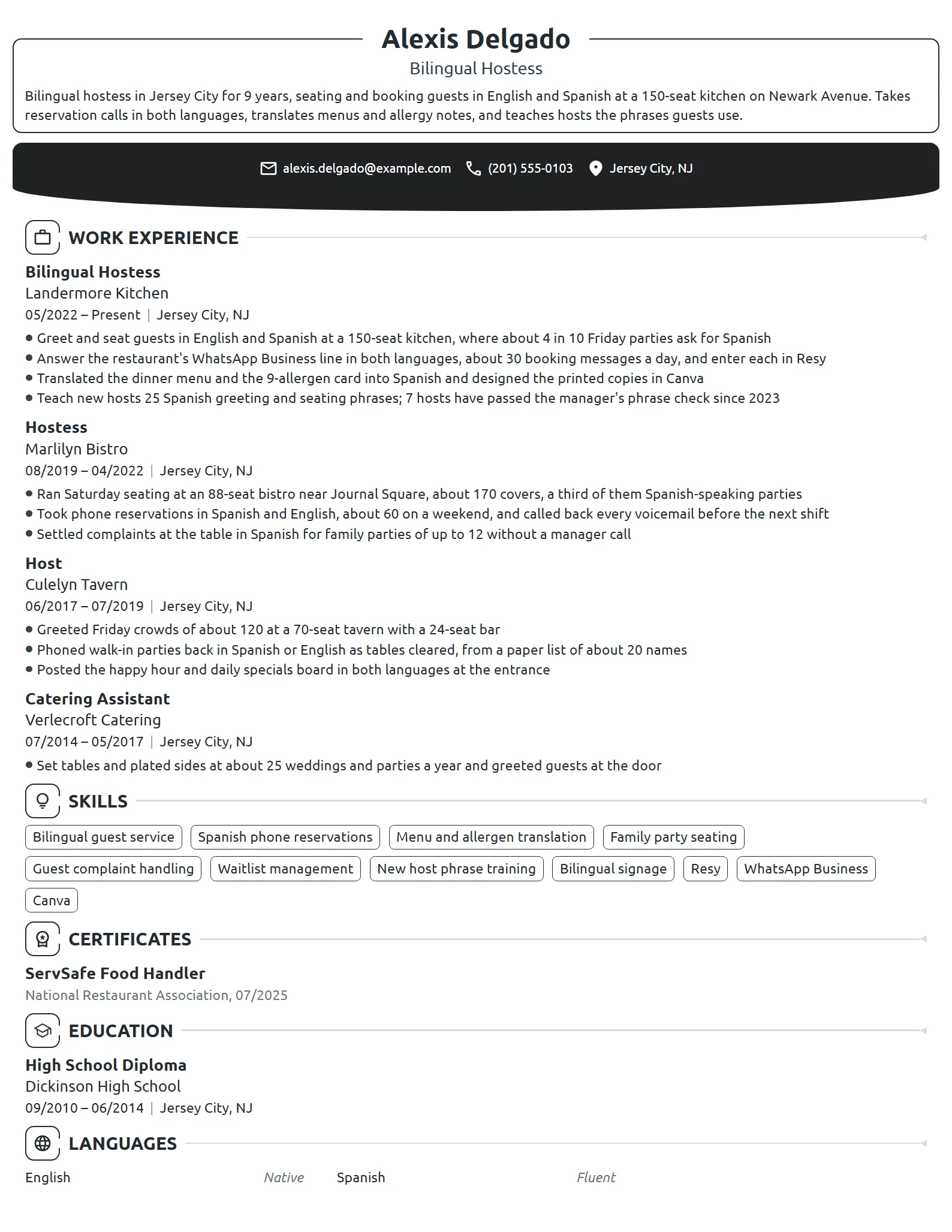 Bilingual Hostess resume example