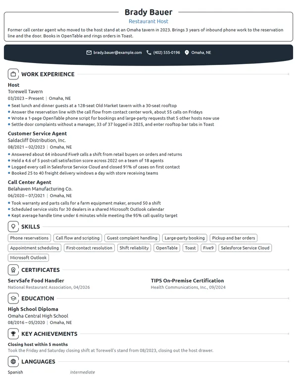 Career Change Host resume example
