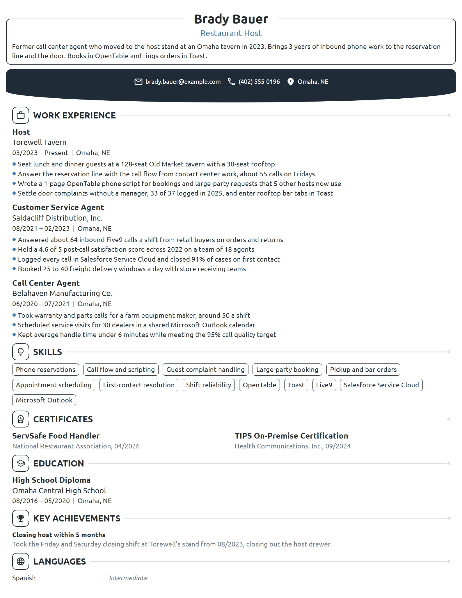 Career Change Host resume example