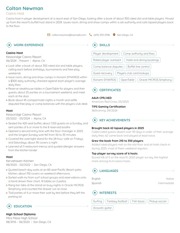 Casino Host resume example