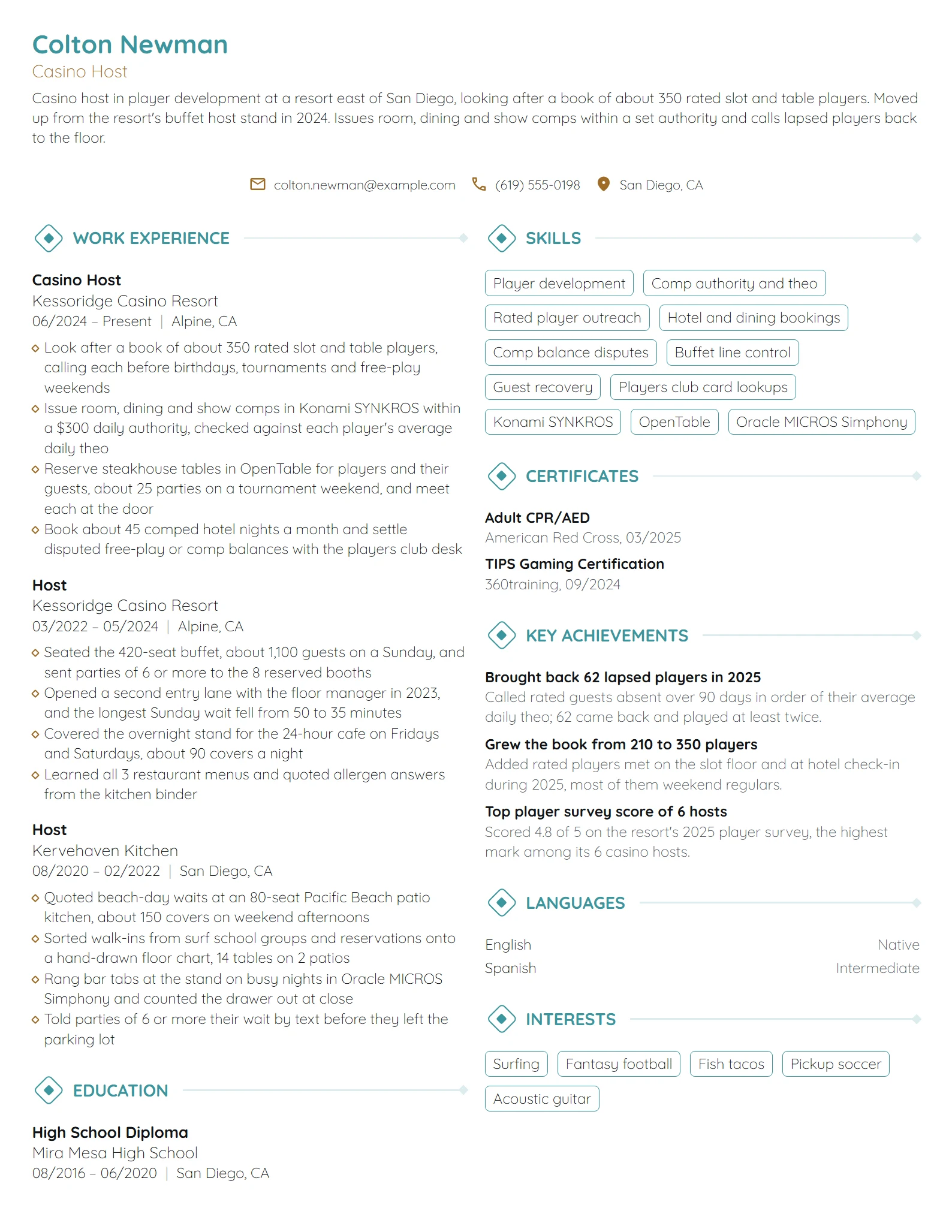 Casino Host resume example