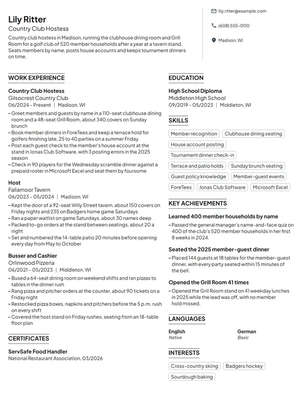 Country Club Hostess resume example