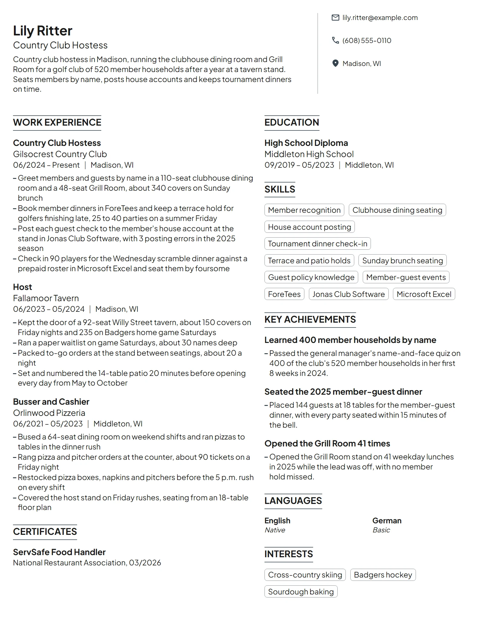 Country Club Hostess resume example