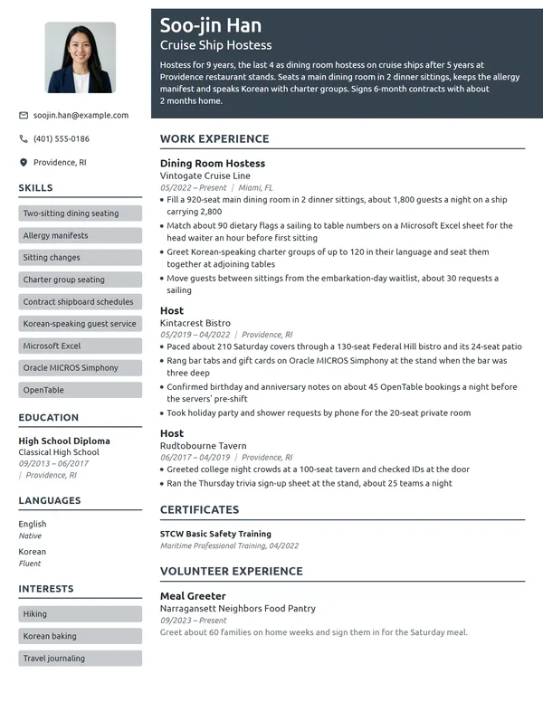 Cruise Ship Hostess resume example