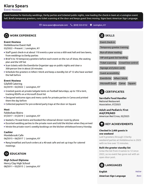 Event Hostess resume example