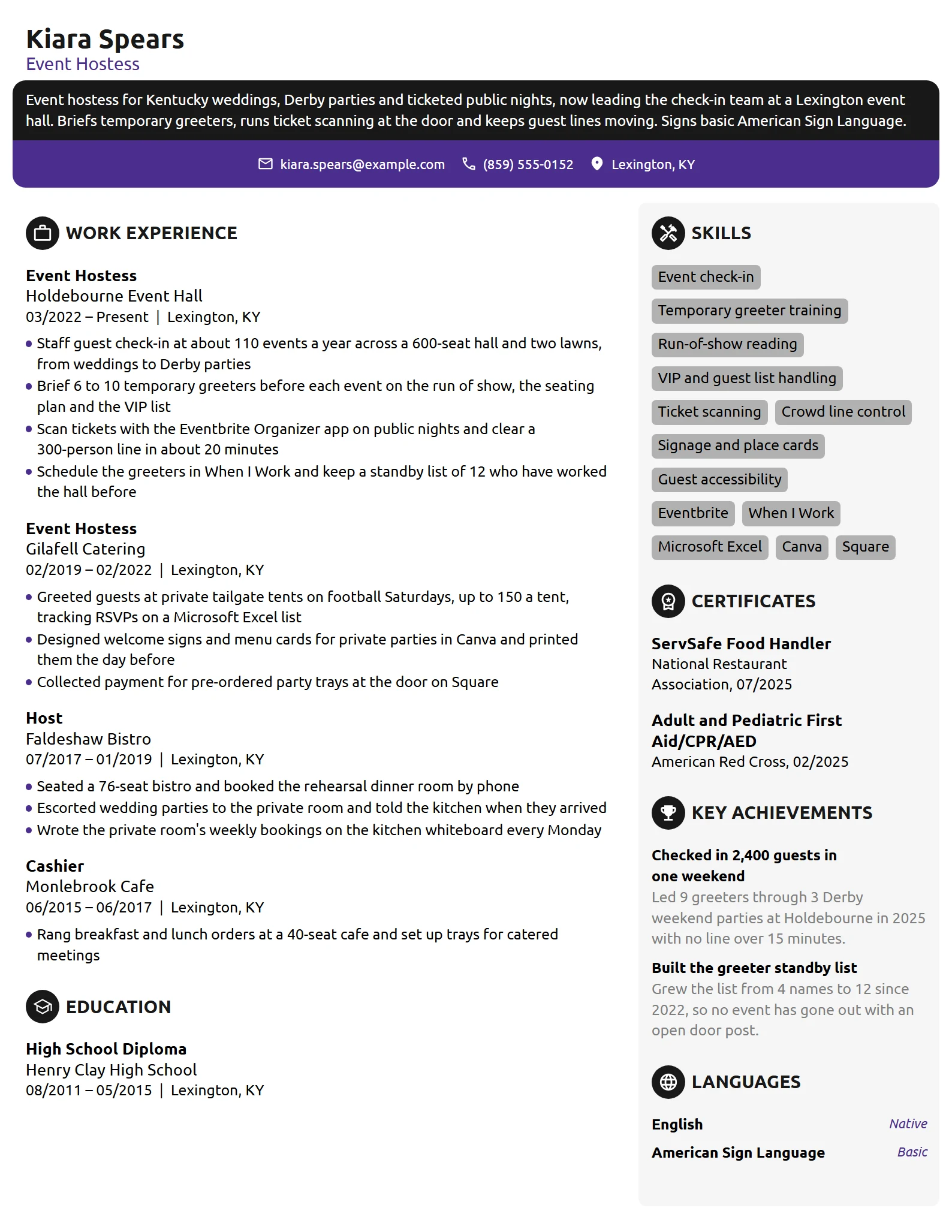 Event Hostess resume example
