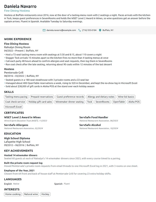 Fine Dining Hostess resume example