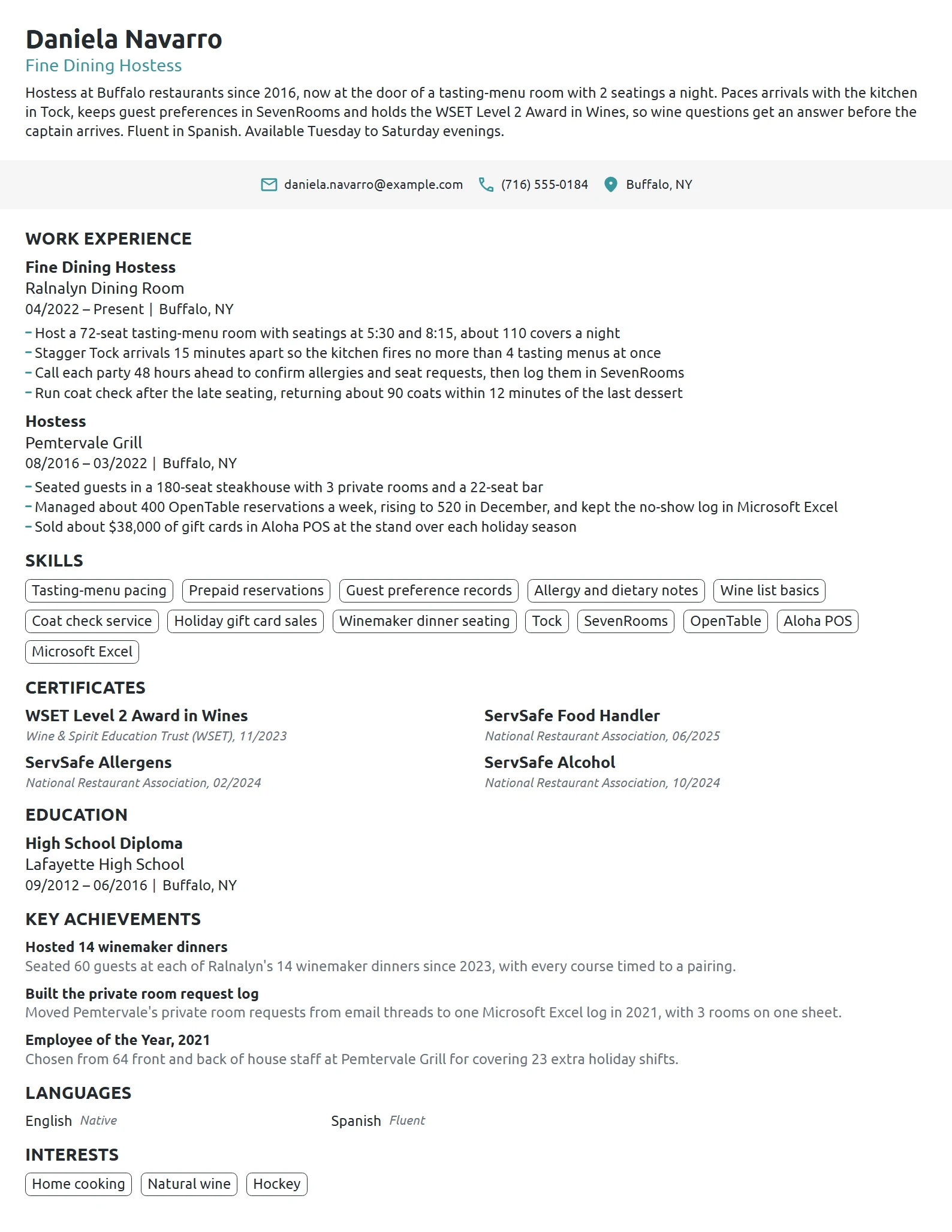 Fine Dining Hostess resume example