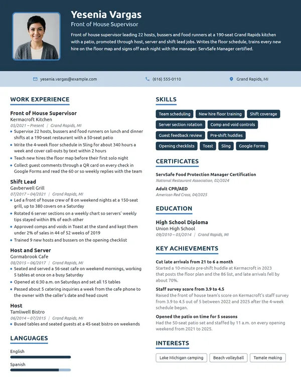 Front of House Supervisor resume example