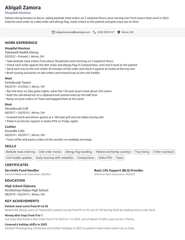 Hospital Hostess resume example