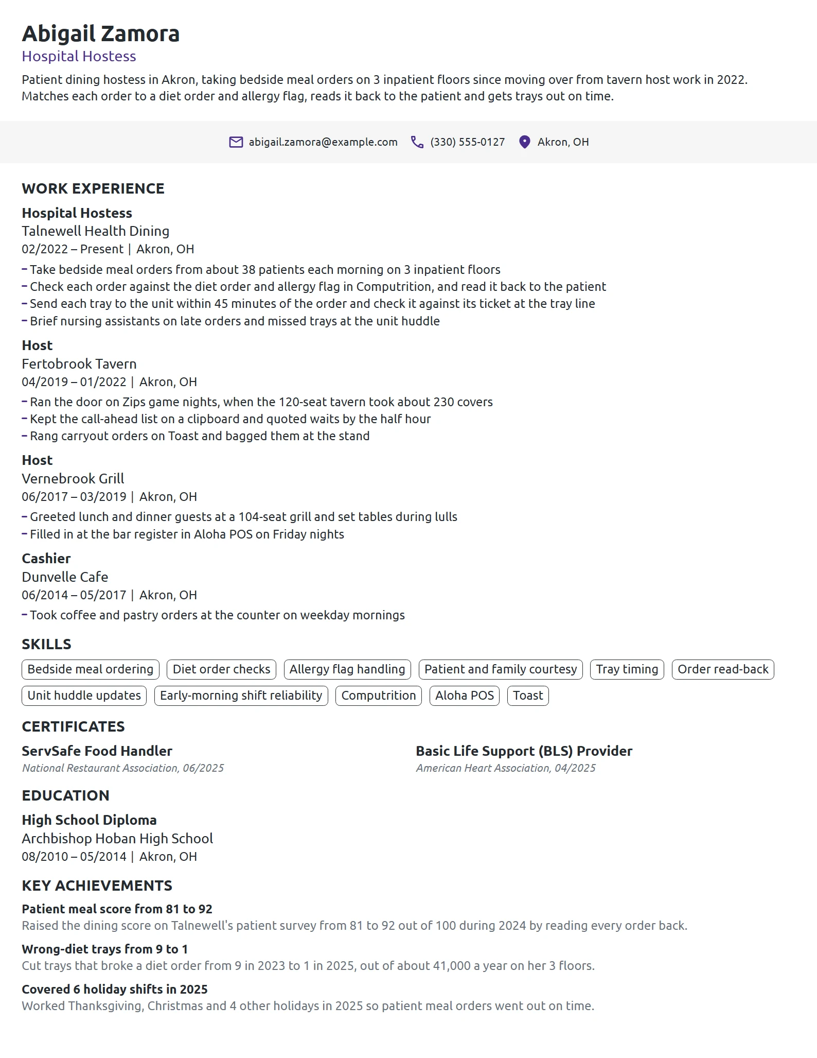 Hospital Hostess resume example