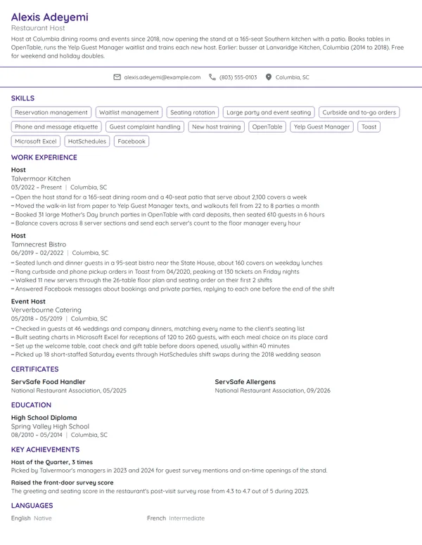 Host and Hostess resume example