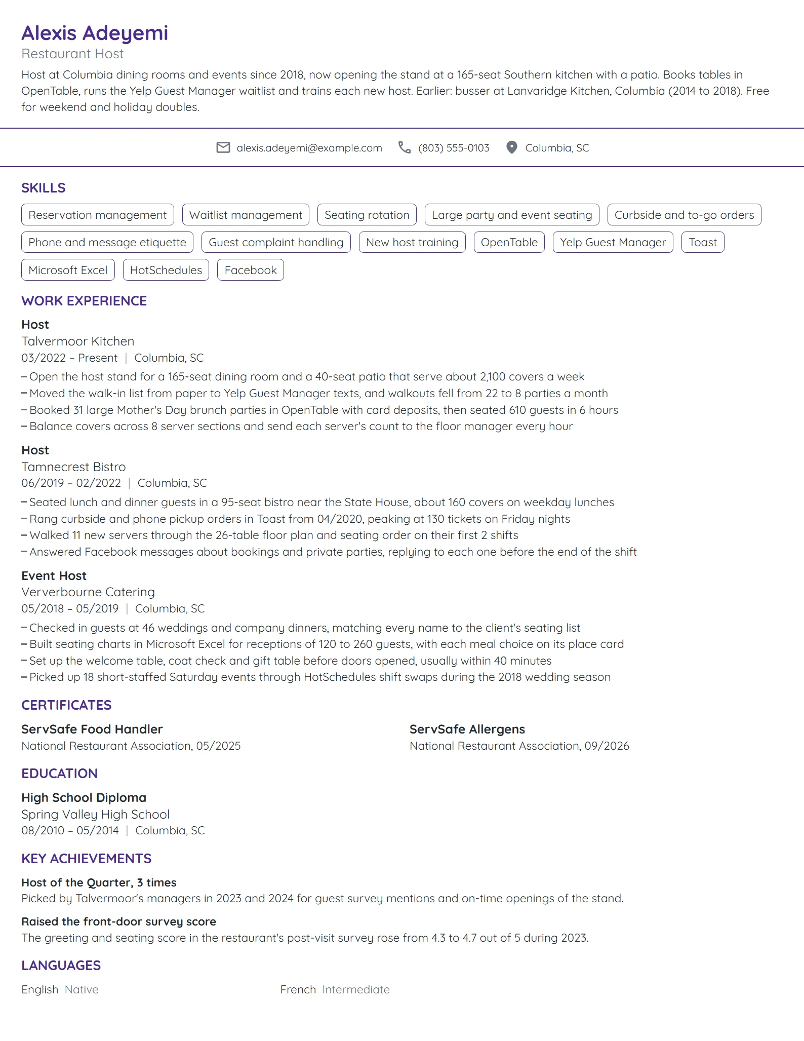 Host and Hostess resume example