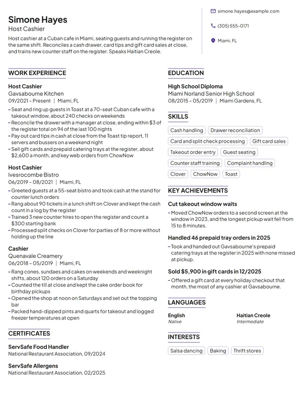 Host Cashier resume example