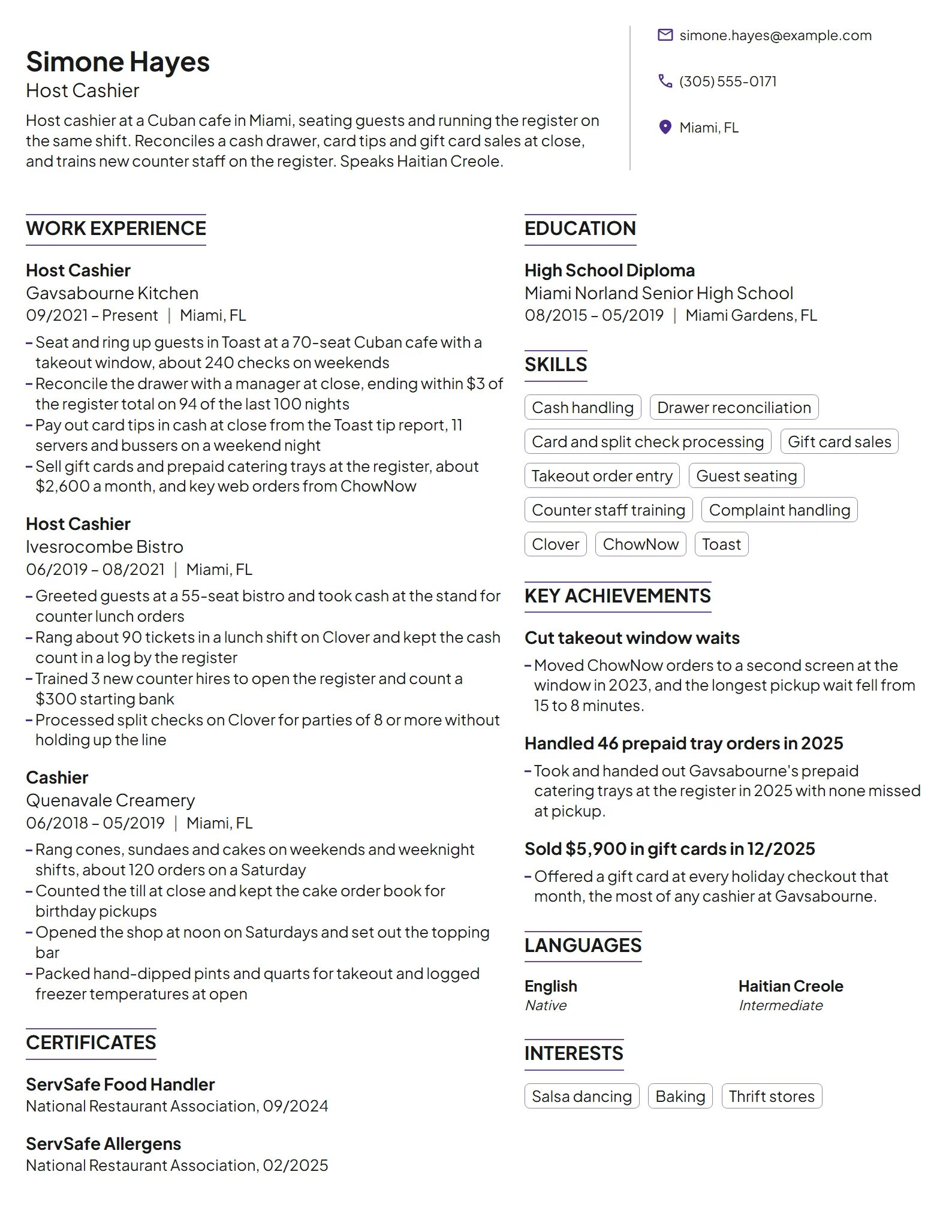 Host Cashier resume example