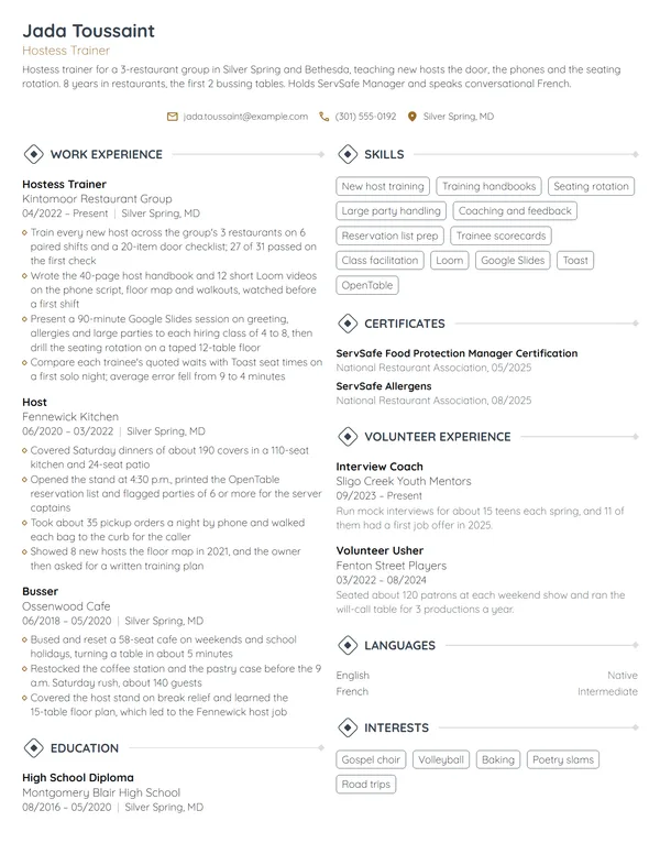Hostess Trainer resume example