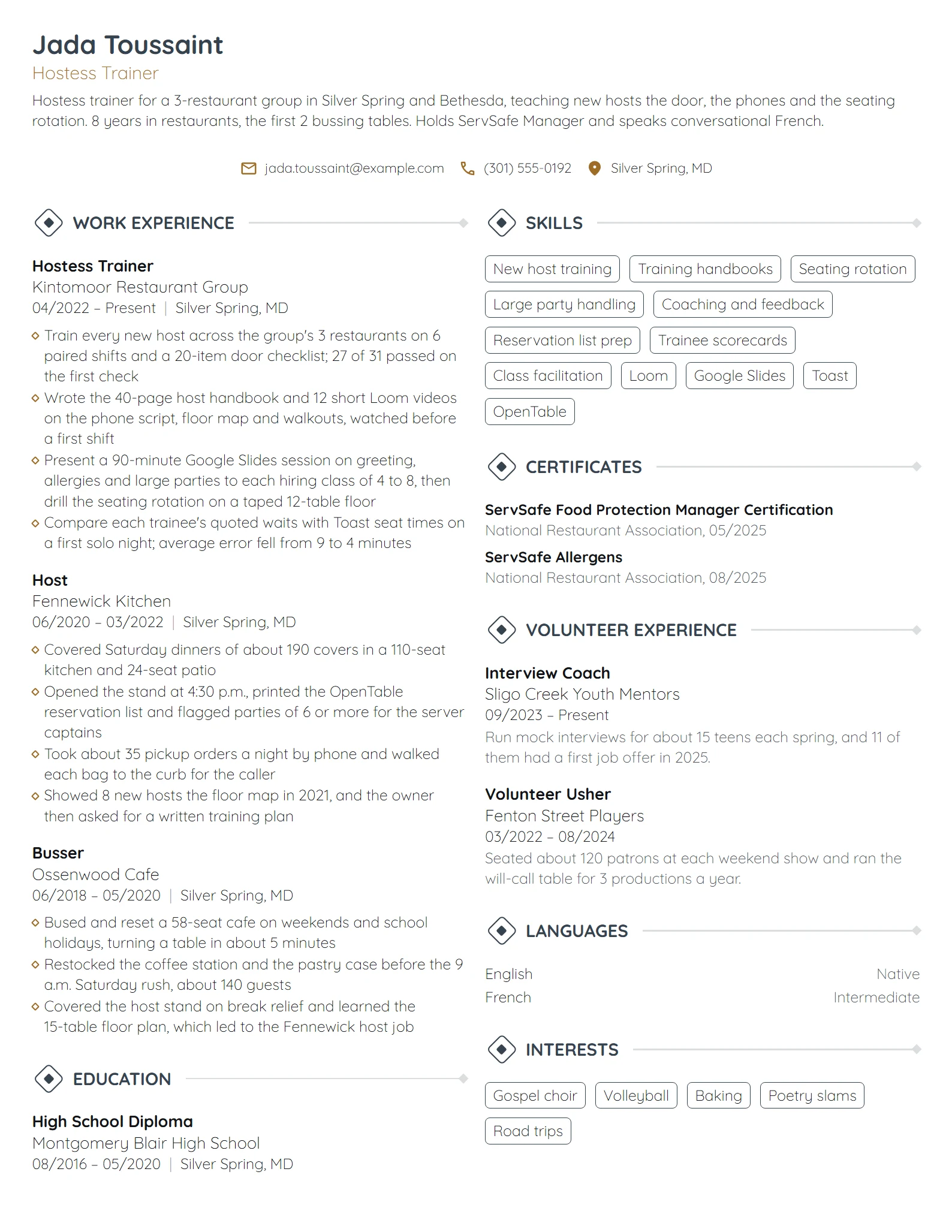 Hostess Trainer resume example