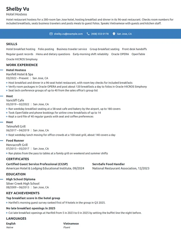 Hotel Hostess resume example