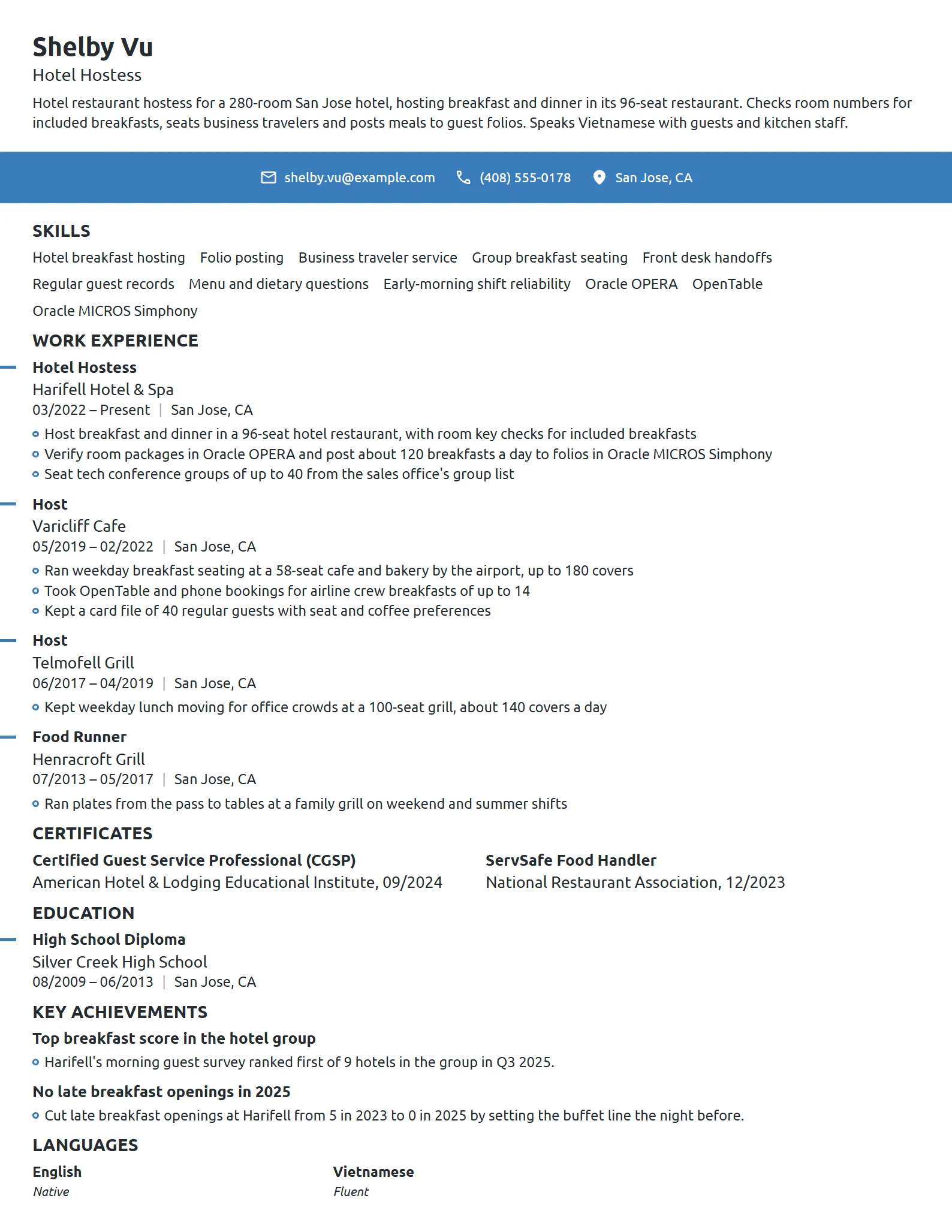 Hotel Hostess resume example