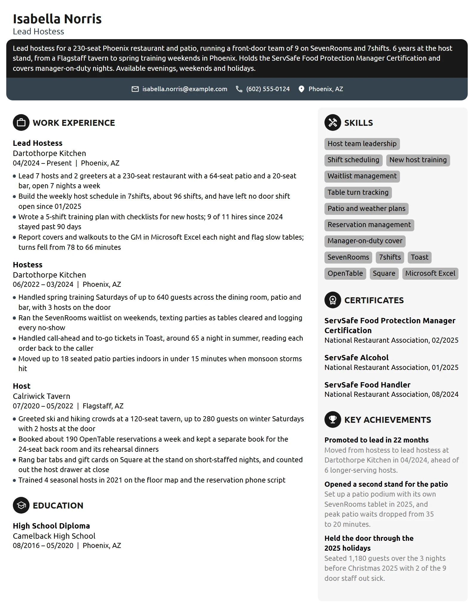 Lead Hostess resume example