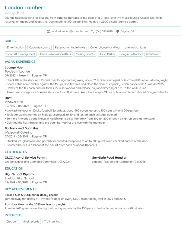 Lounge Host resume example